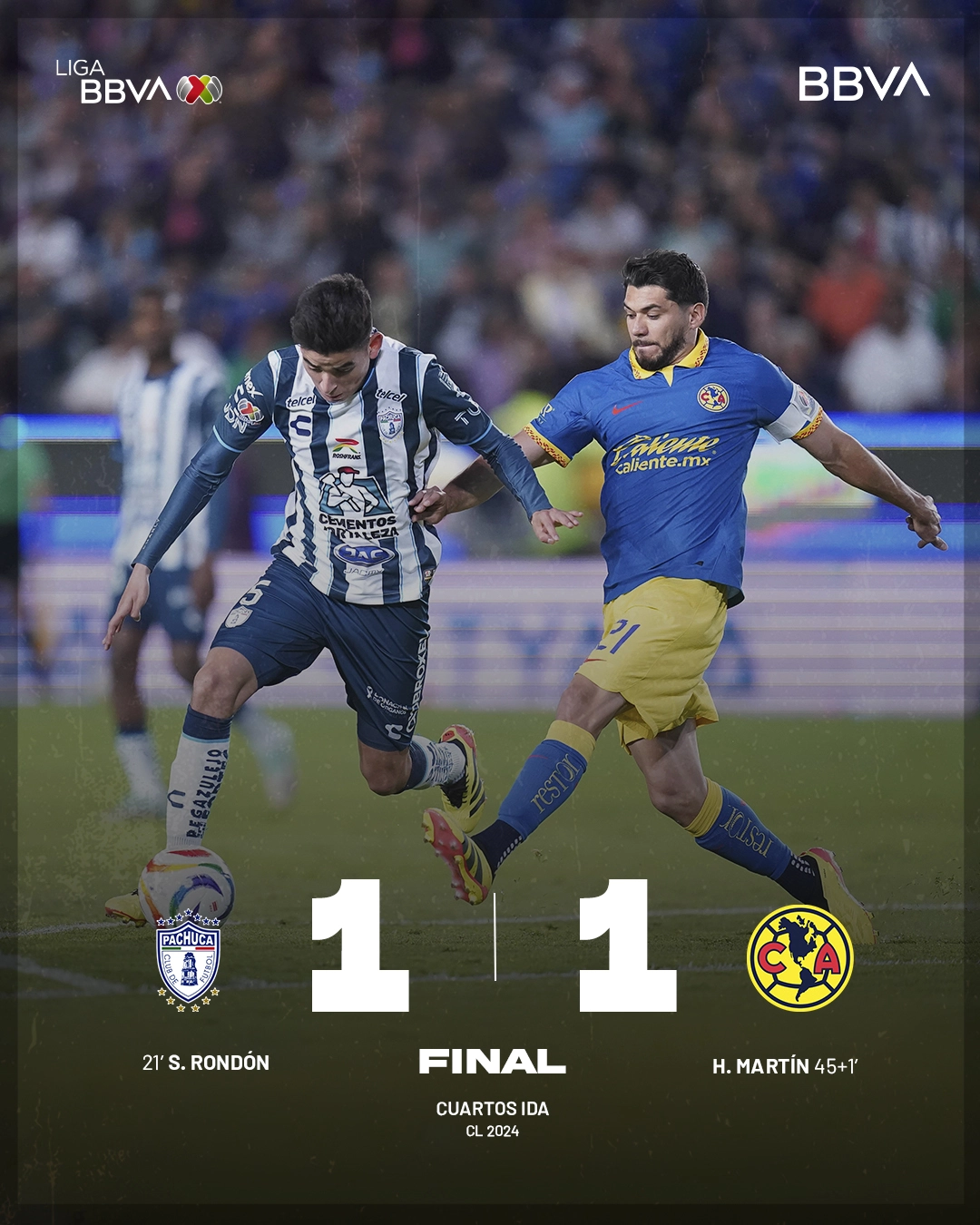 Pachuca y América empatan 1-1 en la ida, todo se definirá en el Azteca
