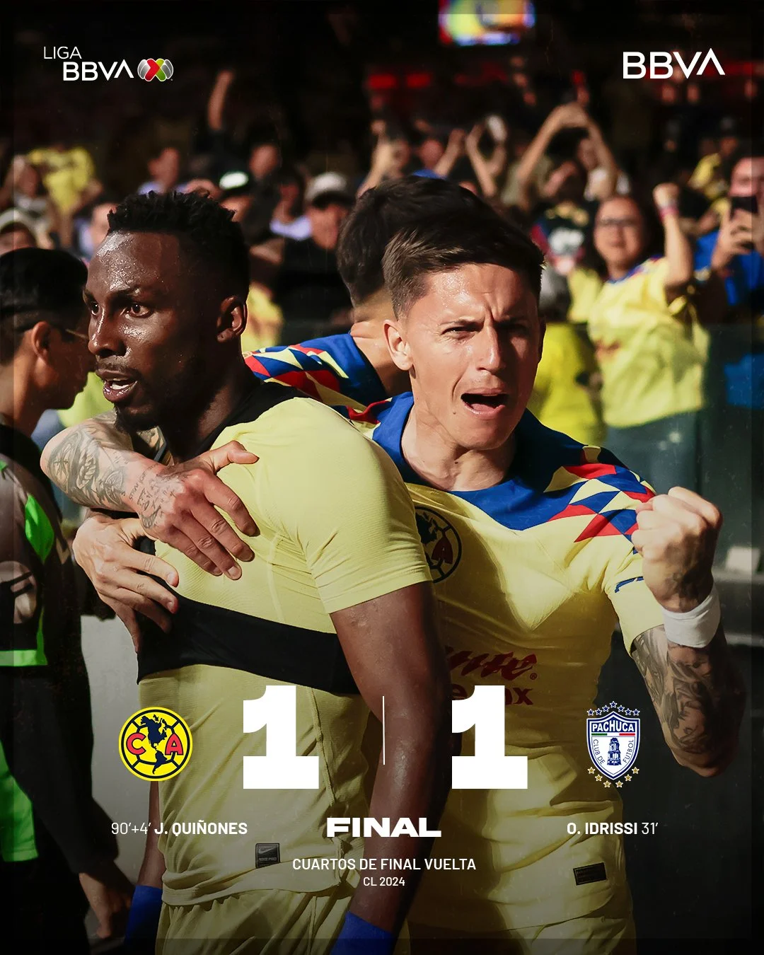 Pachuca empata 1-1 con el América y por posición en la tabla se despide del Torneo Clausura 2024 de la Liga MX