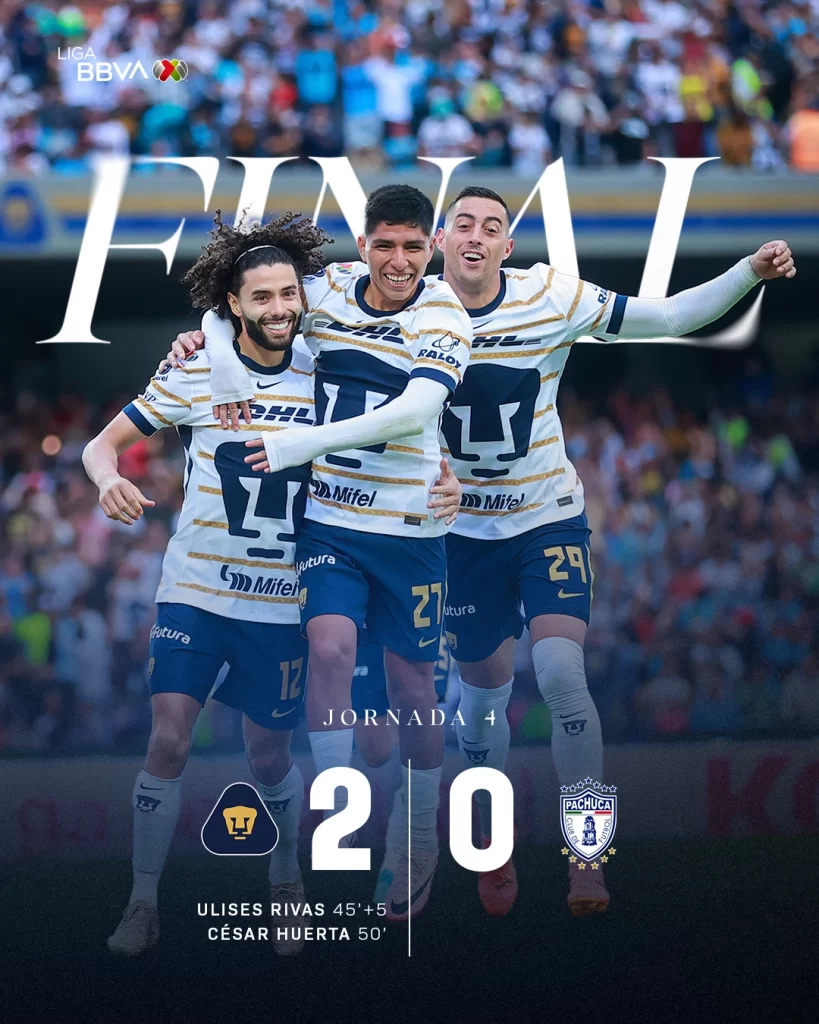 Pachuca cae en Ciudad Universitaria por marcador de 2-0