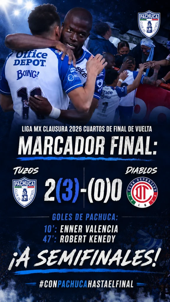 Los Tuzos del Pachuca derrotan 2-0 a los Diablos Rojos del Toluca y están en semifinales.